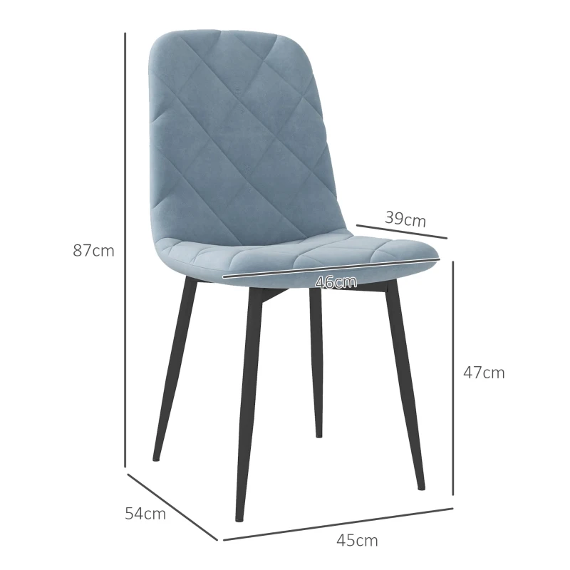 HOMCOM Set 4 Scaune cu Șezut Tapițat și Spătar, Scaune din Catifea și Țesătură cu Efect de Otel, 45x54x87 cm, Albastru Deschis