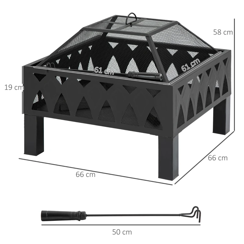 Outsunny Brasero cheminée Foyer extérieur dim. 66L x 66l x 58H cm Couvercle tisonnier métal Noir
