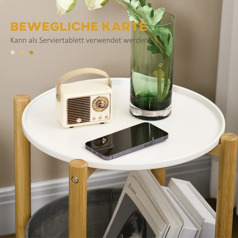 HOMCOM Beistelltisch mit abnehmbarem Tablett, 1 Aufbewahrungskorb, Bambus, 45 cm x 45 cm x 54 cm, Weiß + Natur + Grau