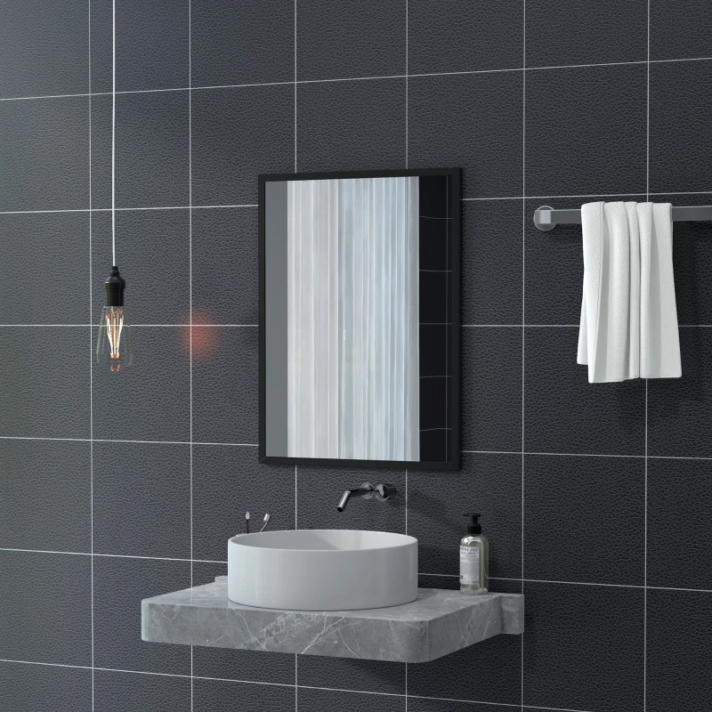 HOMCOM Oglindă Dreptunghiulară de Perete cu Cârlige, Sticlă și MDF, 60x80 cm, Negru