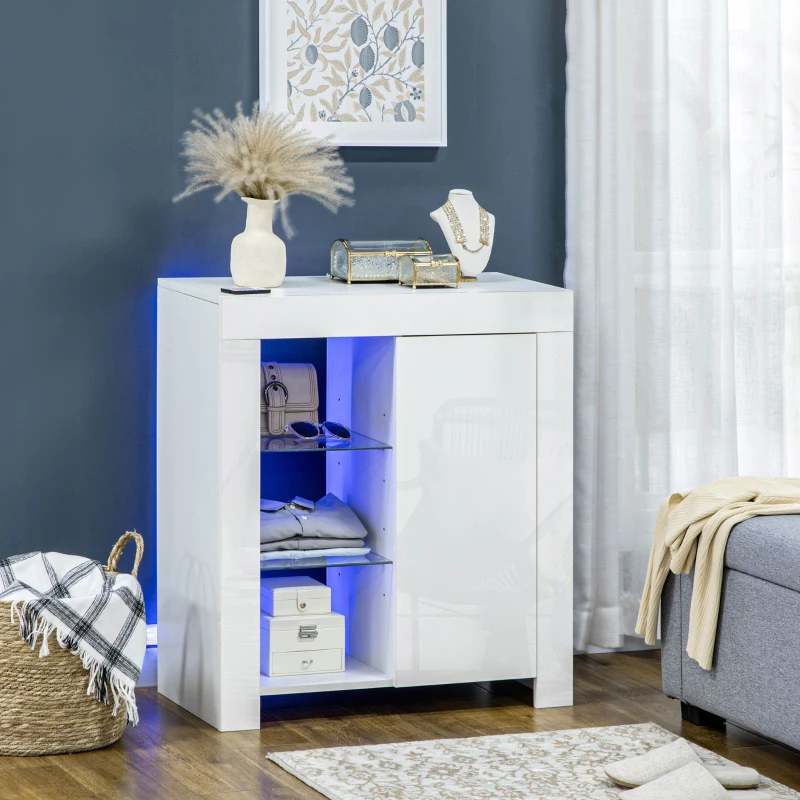 HOMCOM Dulap de Depozitare cu Lumini LED, Unitate de Afisare Moderna cu Rafturi Deschise si Usa pentru Sufragerie, Dormitor, Alb