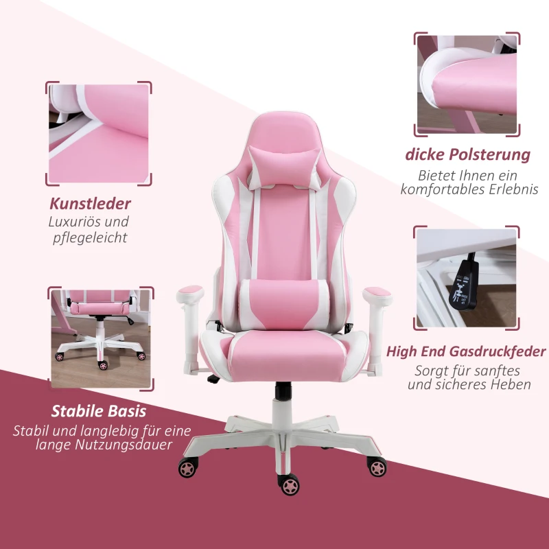 Vinsetto Gamingstuhl mit Kopfstütze Lendenkissen Bürostuhl höhenverstellbar Schaumstoff Kunstleder Nylon Rosa+Weiß 71 x 73 x 128-138 cm