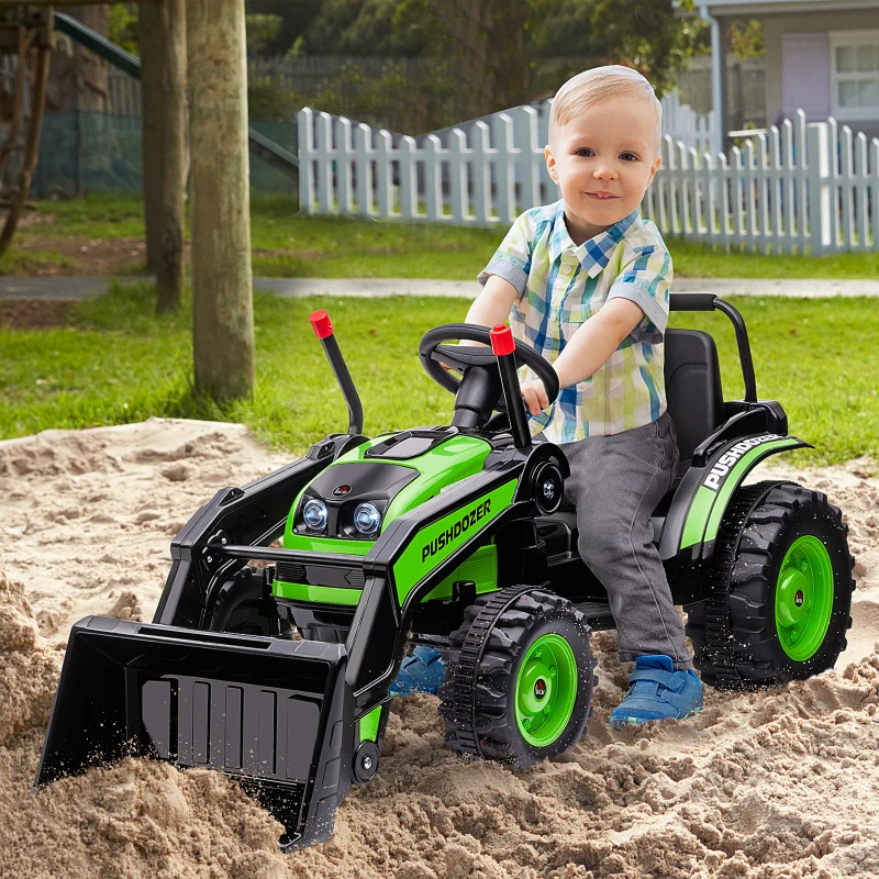 HOMCOM traptractor zittende graafmachine voor kinderen off-road voertuigen 2 instelbare snelheden tot 25 kg belastbaar met muziek schoparmen 3-5 jaar PP kunststof staal groen 132 x 62 x 65 cm