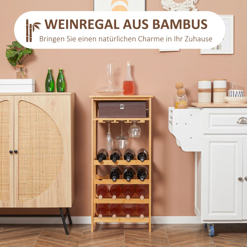 HOMCOM Weinregal, für 16 Weinflaschen & 9 Weingläser, 5 Etagen, Ablage, Bambusholz, 47 x 29 x 99,5 cm