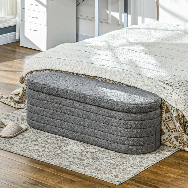HOMCOM Ławka do Sypialni z Przestrzenią do Przechowywania, Teddy-Fleece, 116x41x40,5cm, Jasnoszary