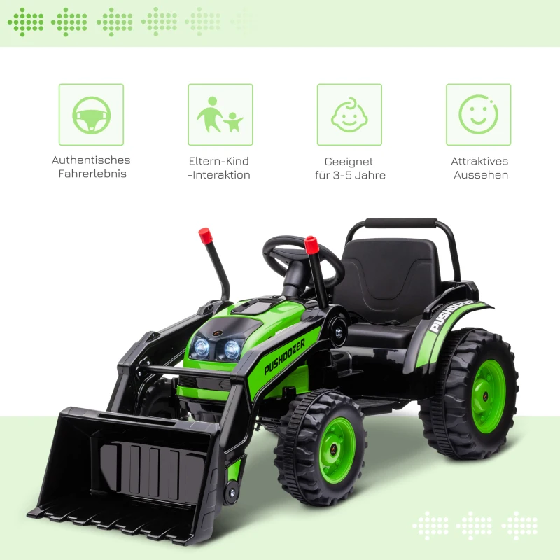 HOMCOM traptractor zittende graafmachine voor kinderen off-road voertuigen 2 instelbare snelheden tot 25 kg belastbaar met muziek schoparmen 3-5 jaar PP kunststof staal groen 132 x 62 x 65 cm