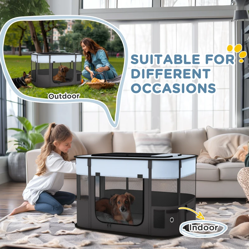 PawHut Țarc de Joacă pentru Animale de Companie cu 7 Ferestre, 3 Uși și 2 Pungi de Depozitare, Gard pentru Câini din Țesătură și Oțel Oxford, 84x64x53 cm, Negru