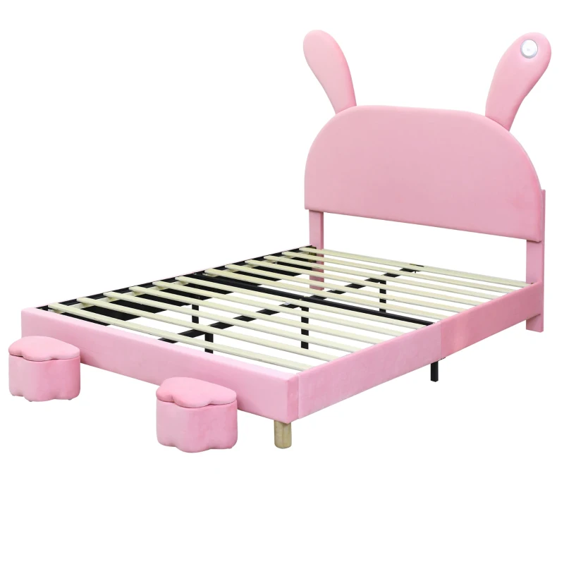 Letto con Contenitore in Tessuto Effetto Velluto, Testata Imbottita Regolabile e Illuminazione LED, 140x203.5x145-151.5 cm, Rosa