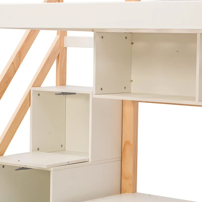 Letto a Castello per Bambini in Legno con Scala Contenitore e Scrivania Integrata, Bianco+Quercia