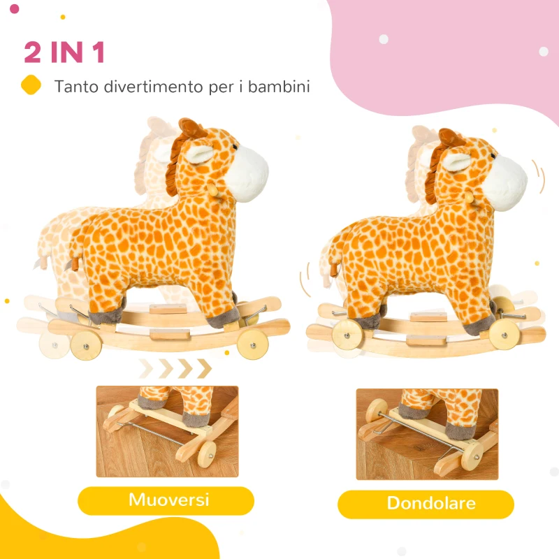 HOMCOM Cavallo a Dondolo per Bambini 3-6 Anni a Giraffa con Ruote e Suoni, 63x38x63cm, Giallo