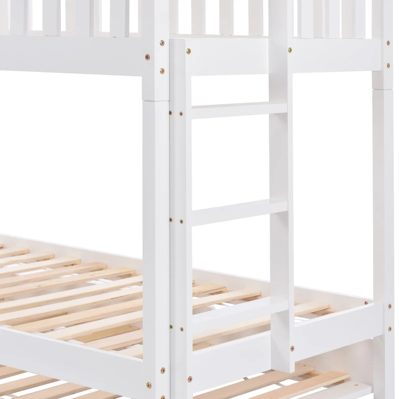 Letto a Castello per Bambini in Legno di Pino con 3 Lettini, Design Salvaspazio, 206x97x235 cm, Bianco