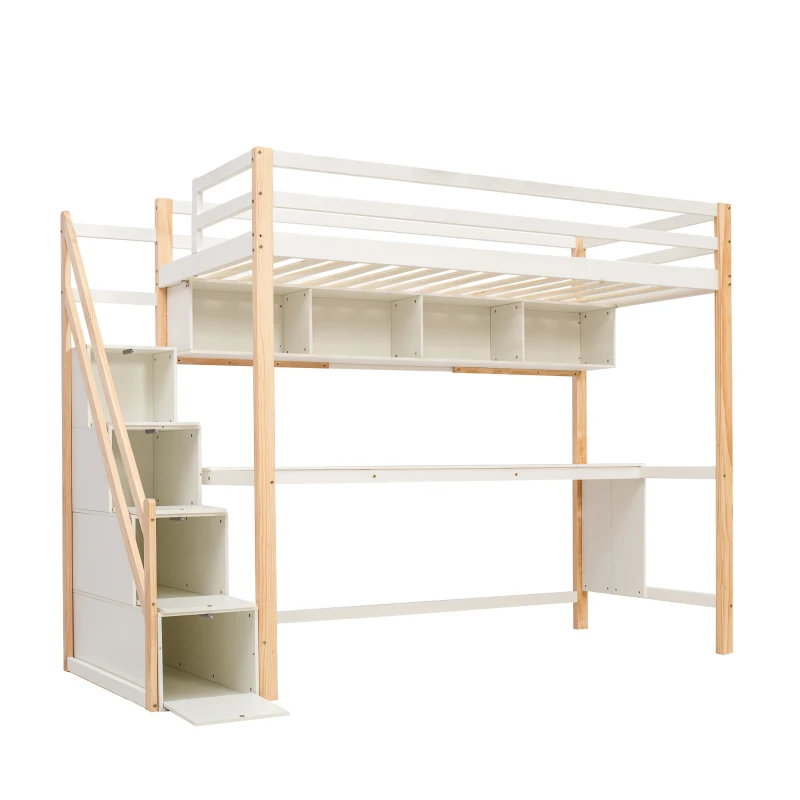 Letto a Castello per Bambini in Legno con Scala Contenitore e Scrivania Integrata, Bianco+Quercia