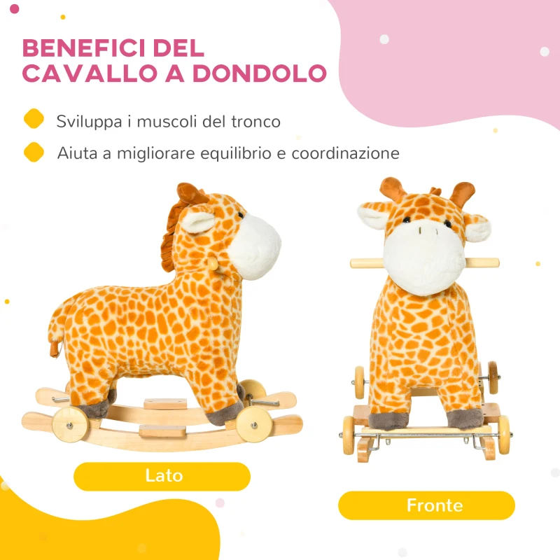 HOMCOM Cavallo a Dondolo per Bambini 3-6 Anni a Giraffa con Ruote e Suoni, 63x38x63cm, Giallo