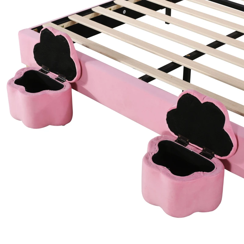 Letto con Contenitore in Tessuto Effetto Velluto, Testata Imbottita Regolabile e Illuminazione LED, 140x203.5x145-151.5 cm, Rosa