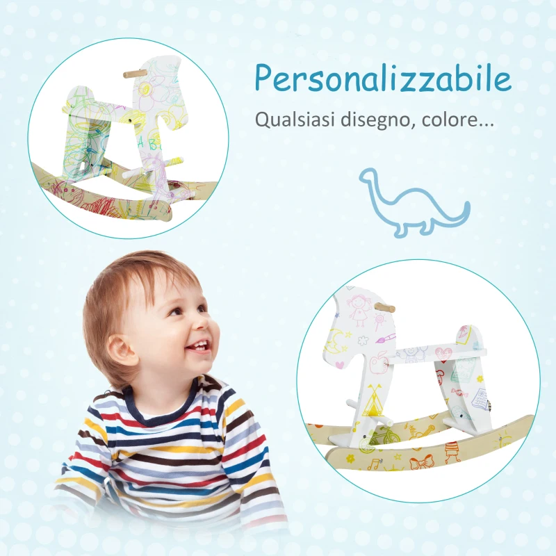 HOMCOM Cavallo a Dondolo Bambini da 1-3 Anni in Legno con Maniglie e Poggiapiedi, 68x26.5x48 cm, Bianco