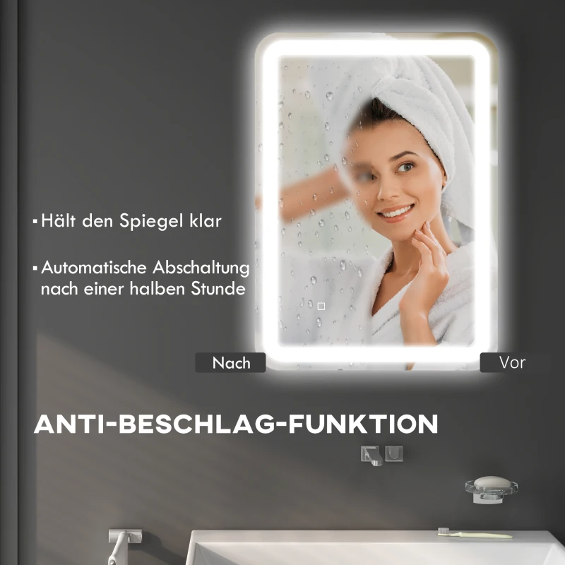 HOMCOM Lustro łazienkowe z oświetleniem LED, kontrola dotykowa, przeciwmgielne, z możliwością ściemniania, 3 kolory światła, 50x70, Srebrny