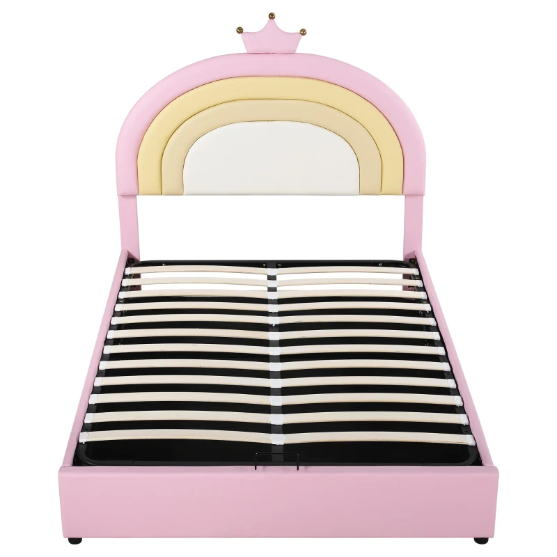 Letto Contenitore Matrimoniale con Sistema Idraulico, Rete a Doghe e Testata Regolabile in Altezza, in Legno, 140x203x125-131 cm, Rosa