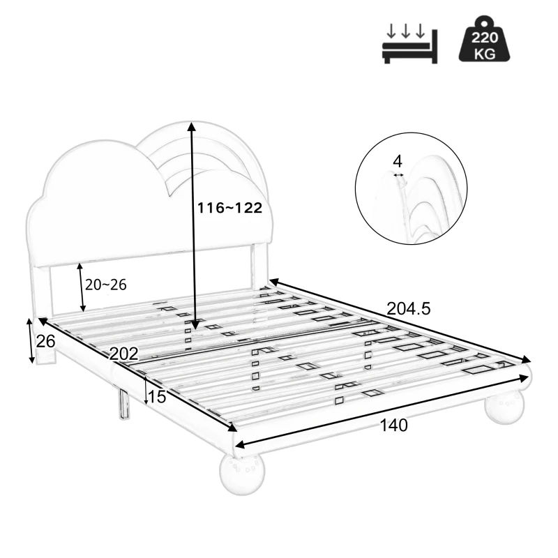 Letto Contenitore Matrimoniale con Rete a Doghe e Testiera Regolabile in Altezza, in PU, 140x204.5x116-122 cm, Blu