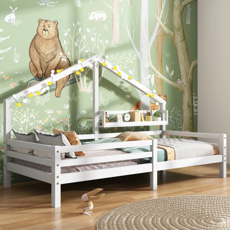 Cama para Niños en Forma de Casita con Librería Integrada en Estilo Nórdico 90x200 cm sin Colchón， Blanco