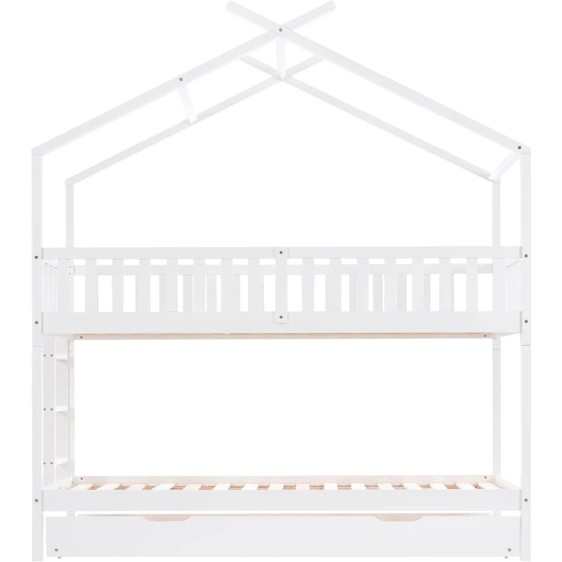 Letto a Castello per Bambini in Legno di Pino con 3 Lettini, Design Salvaspazio, 206x97x235 cm, Bianco