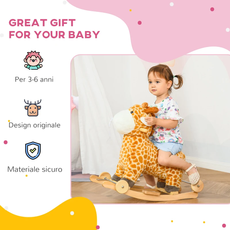 HOMCOM Cavallo a Dondolo per Bambini 3-6 Anni a Giraffa con Ruote e Suoni, 63x38x63cm, Giallo