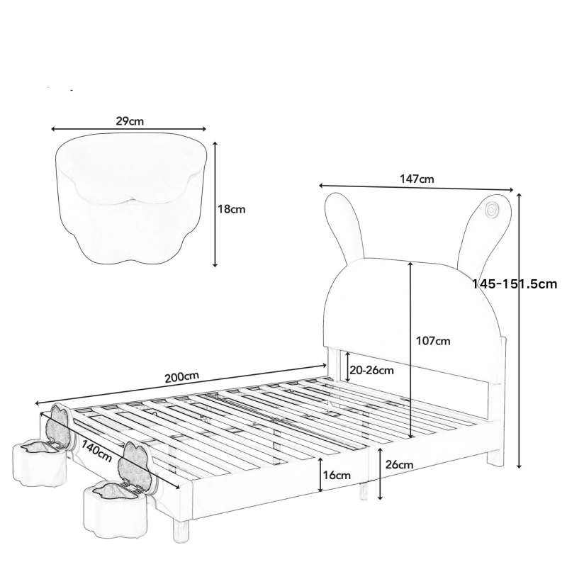 Letto con Contenitore in Tessuto Effetto Velluto, Testata Imbottita Regolabile e Illuminazione LED, 140x203.5x145-151.5 cm, Rosa