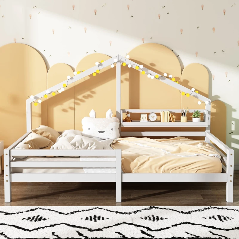 Cama para Niños en Forma de Casita con Librería Integrada en Estilo Nórdico 90x200 cm sin Colchón， Blanco