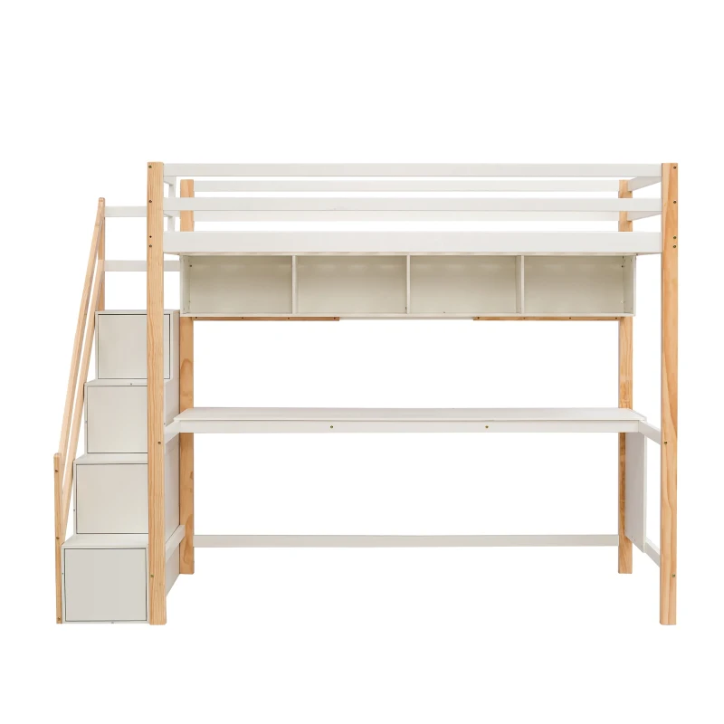 Letto a Castello per Bambini in Legno con Scala Contenitore e Scrivania Integrata, Bianco+Quercia