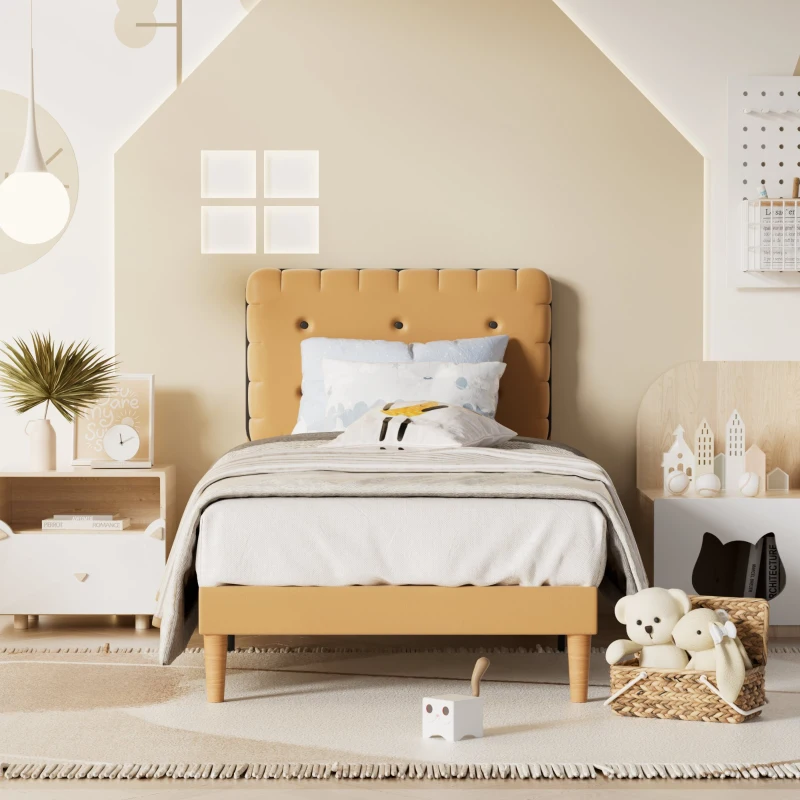 Letto Singolo con spazio contenitore, Testiera Regolabile e Rete a Doghe in Legno, 90x200x99-105 cm, Marrone