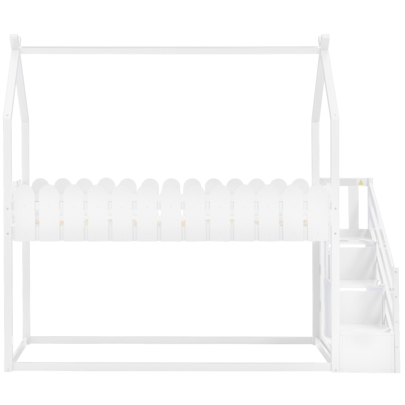 Lettino a Castello per Bambini in Legno con 3 Gradini e 2 Cassetti, Decorazione a Recinzione, 242,5x96x211,5 cm, Bianco