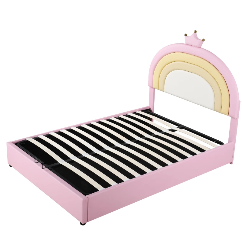 Letto Contenitore Matrimoniale con Sistema Idraulico, Rete a Doghe e Testata Regolabile in Altezza, in Legno, 140x203x125-131 cm, Rosa