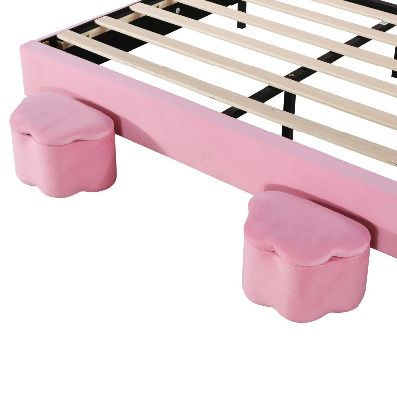 Letto con Contenitore in Tessuto Effetto Velluto, Testata Imbottita Regolabile e Illuminazione LED, 140x203.5x145-151.5 cm, Rosa