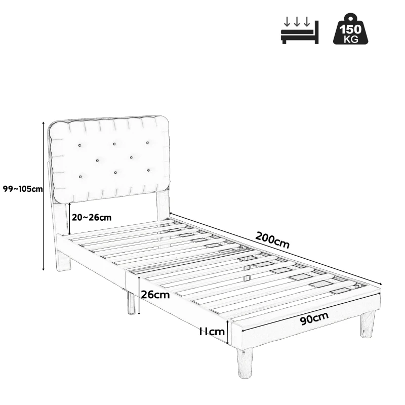 Letto Singolo con spazio contenitore, Testiera Regolabile e Rete a Doghe in Legno, 90x200x99-105 cm, Marrone