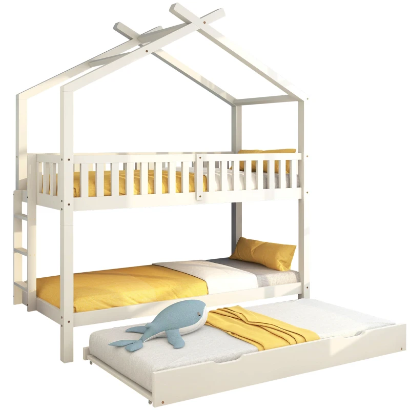 Letto a Castello per Bambini in Legno di Pino con 3 Lettini, Design Salvaspazio, 206x97x235 cm, Bianco