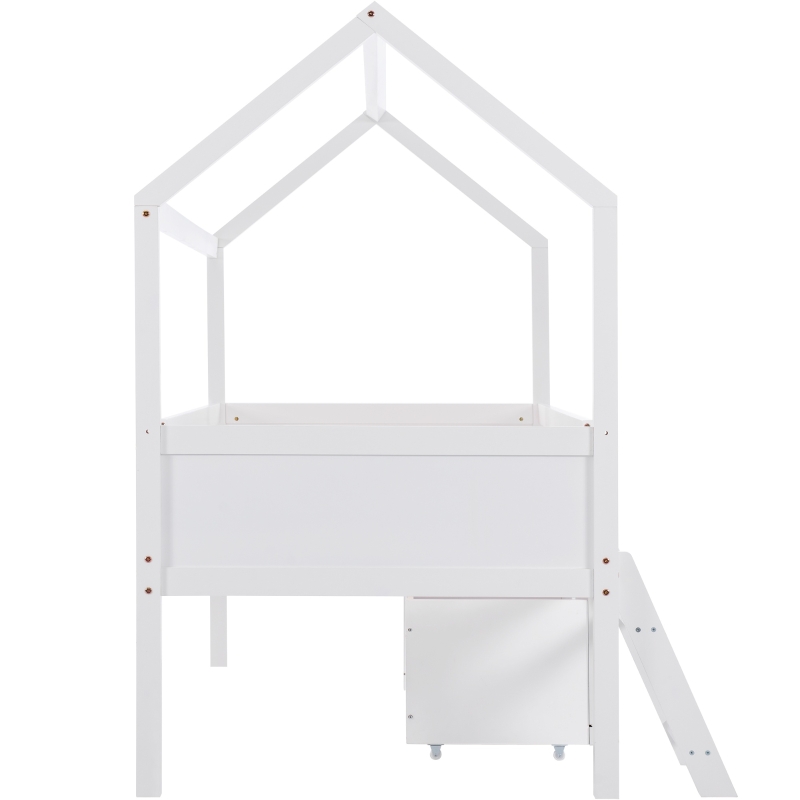 Letto a Castello per Cameretta con Scale, Ripiani e Ringhiera Protettiva, in Legno di Pino, 205.5x99.5x161.5 cm, Bianco
