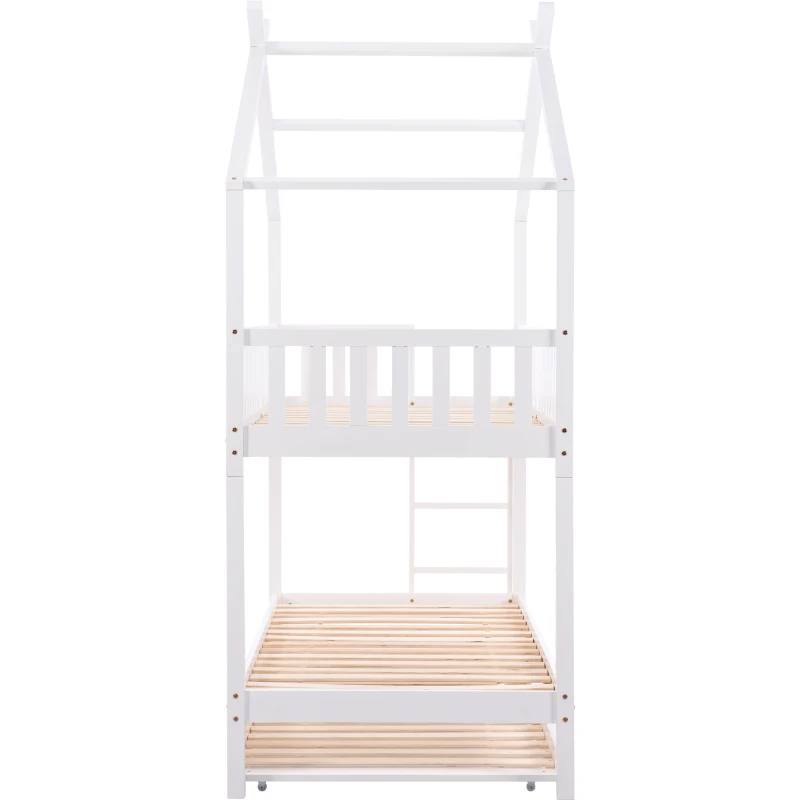Letto a Castello per Bambini in Legno di Pino con 3 Lettini, Design Salvaspazio, 206x97x235 cm, Bianco