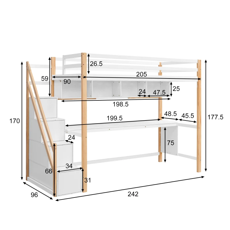 Letto a Castello per Bambini in Legno con Scala Contenitore e Scrivania Integrata, Bianco+Quercia