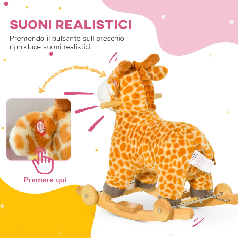 HOMCOM Cavallo a Dondolo per Bambini 3-6 Anni a Giraffa con Ruote e Suoni, 63x38x63cm, Giallo