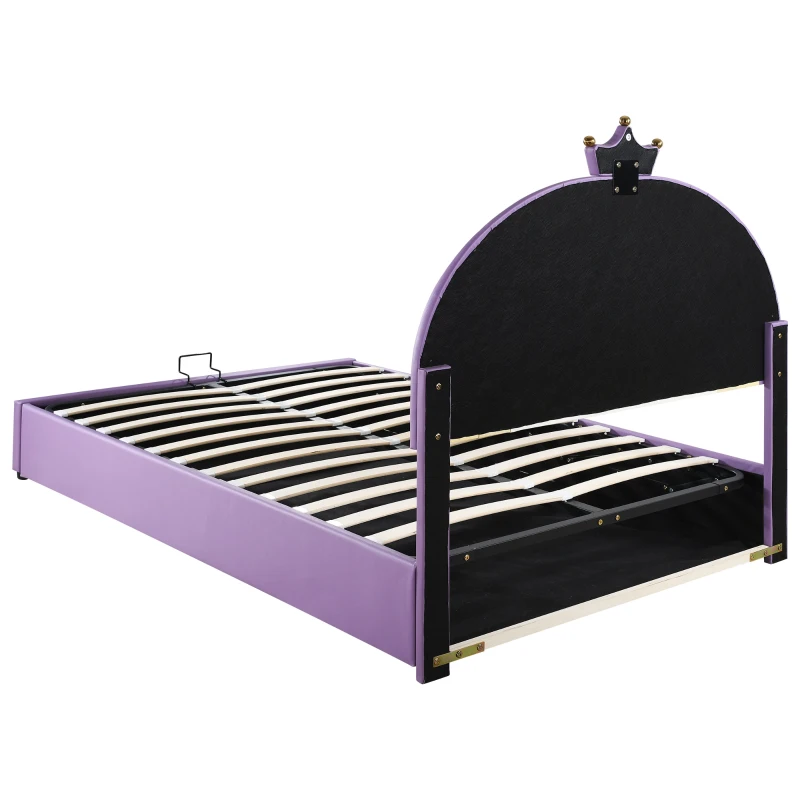 Letto Contenitore Matrimoniale con Sistema Idraulico, Rete a Doghe e Testata Regolabile in Altezza, in Legno, 140x203x125-131 cm, Viola