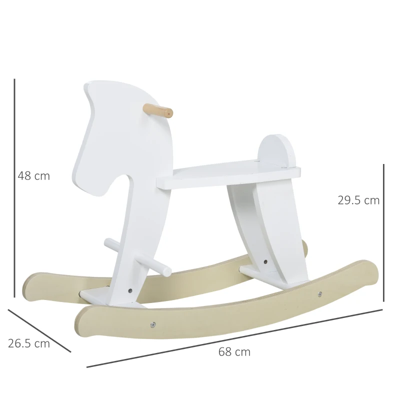 HOMCOM Cavallo a Dondolo Bambini da 1-3 Anni in Legno con Maniglie e Poggiapiedi, 68x26.5x48 cm, Bianco