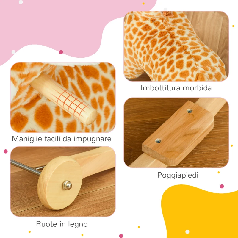 HOMCOM Cavallo a Dondolo per Bambini 3-6 Anni a Giraffa con Ruote e Suoni, 63x38x63cm, Giallo