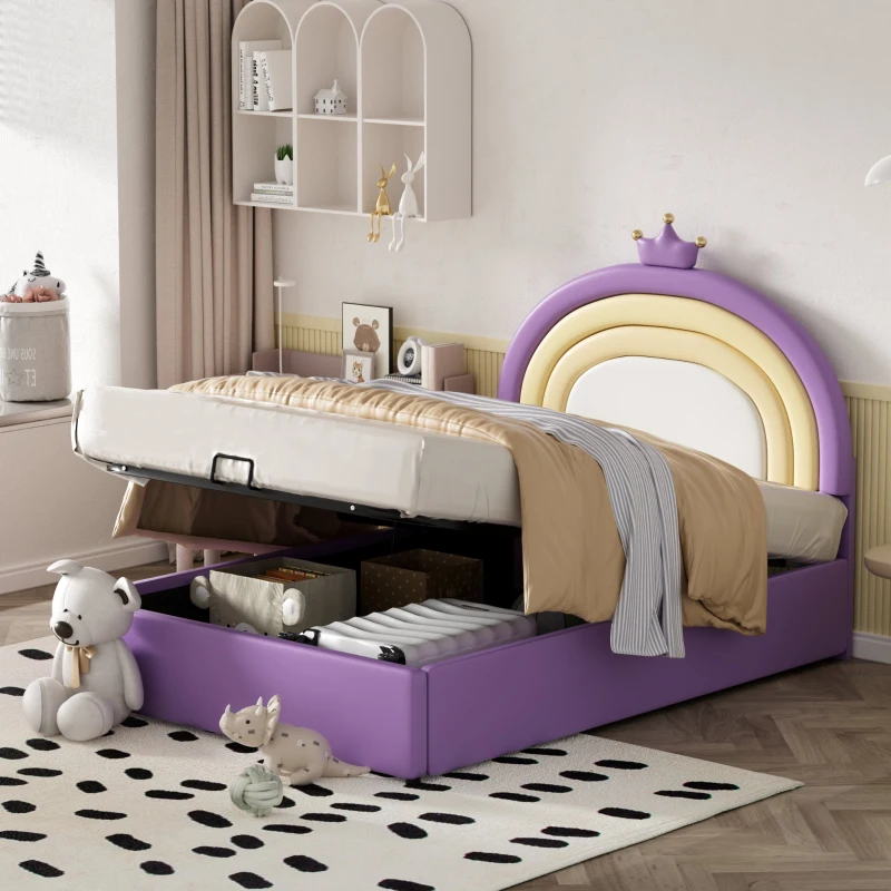Letto Contenitore Matrimoniale con Sistema Idraulico, Rete a Doghe e Testata Regolabile in Altezza, in Legno, 140x203x125-131 cm, Viola