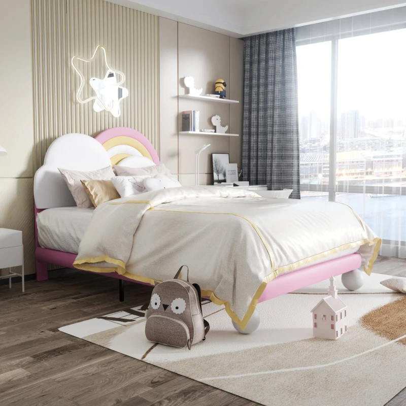 Letto Contenitore Matrimoniale con Rete a Doghe e Testiera Regolabile in Altezza, in PU, 140x204.5x116-122 cm, Rosa