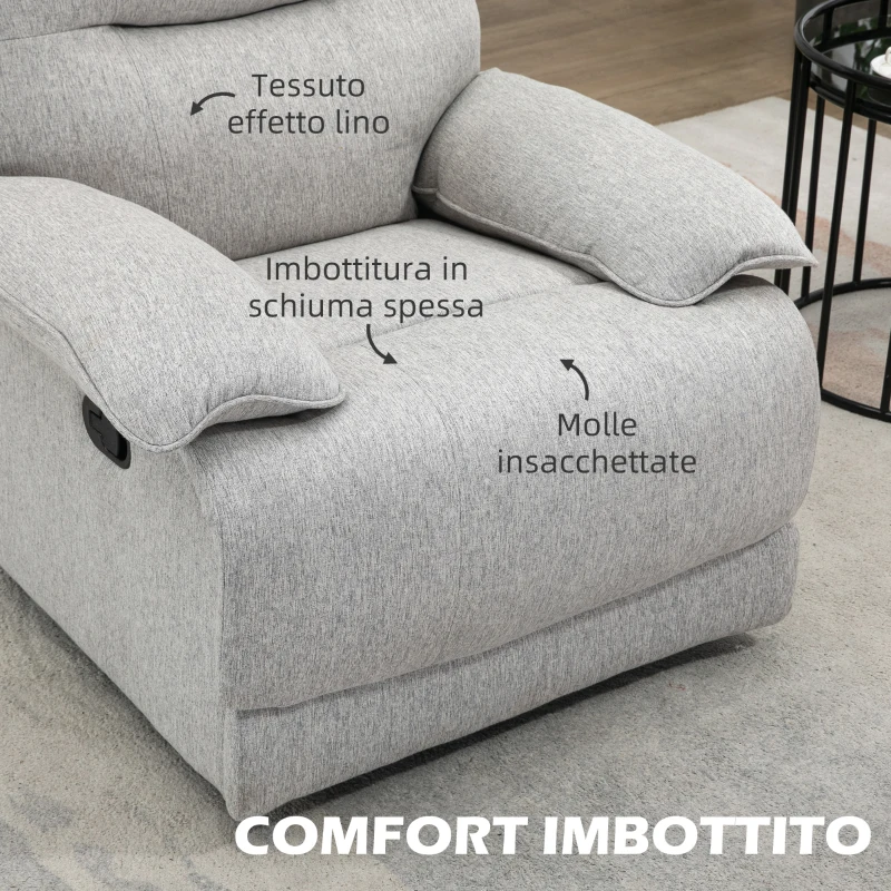 HOMCOM Poltrona Reclinabile 150° max e Imbottita con Poggiapiedi, in Tessuto Effetto Lino, 89x98x101 cm, Grigio Chiaro