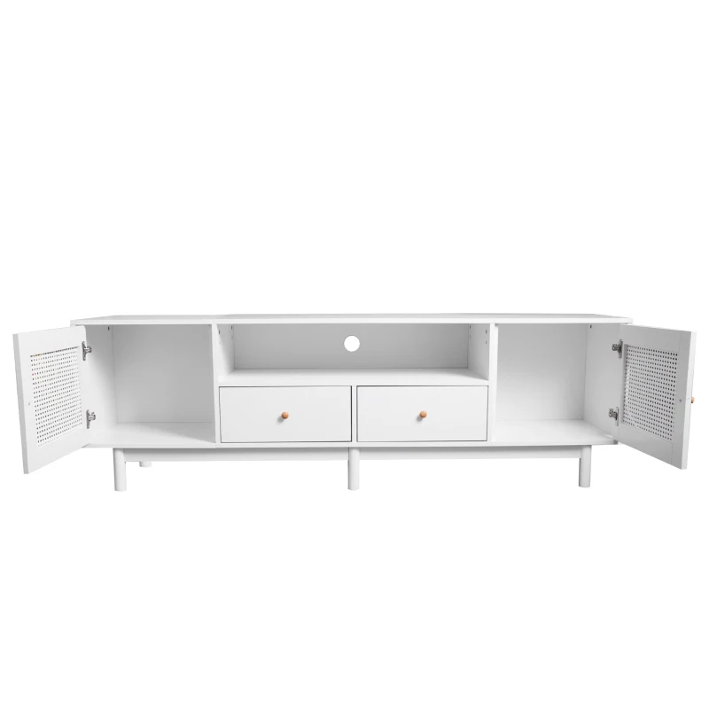 Meuble TV scandinave élégant en rotin 180 cm pour téléviseurs jusqu'à 80 pouces avec 2 portes et 2 tiroirs, Blanc