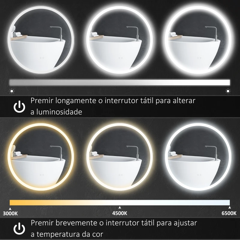 kleankin Espelho de Casa de Banho com Luzes LED Ajustáveis Ø60 cm com Função de Memória Anti-embaciamento e Interrutor Tátil Prata