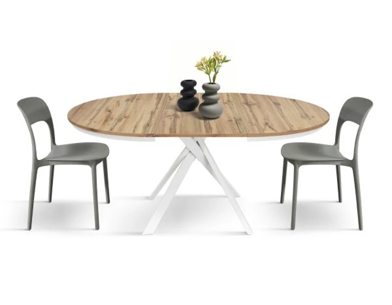 PAZZO DESIGN Tavolo Allungabile con Gambe Incrociate rotondo, Made in Italy, Basamento bianco, Rovere rustico