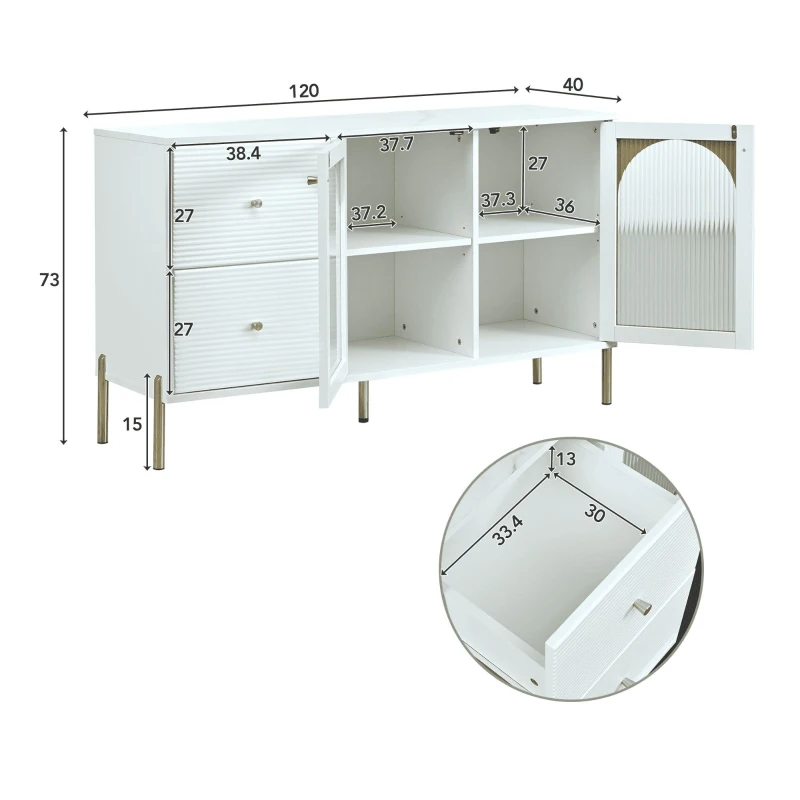 Buffet Élégante avec Étagères Réglables et Dessus Effet Marbre, 2 Portes et 2 Tiroirs - Meuble de Rangement, Blanc
