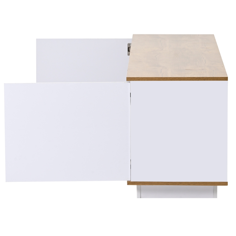 Meuble TV moderne mobile avec LED réglables, 2 armoires et 4 étagères, adapté pour les téléviseurs jusqu'à 80 pouces, effet bois, 180x40x50 cm, Blanc+naturel