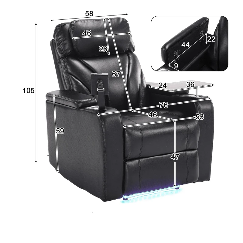 Fauteuil de Relaxation Électrique avec Port USB, Tablette Pivotante à 360°, Porte-gobelet et revêtement PU, Noir